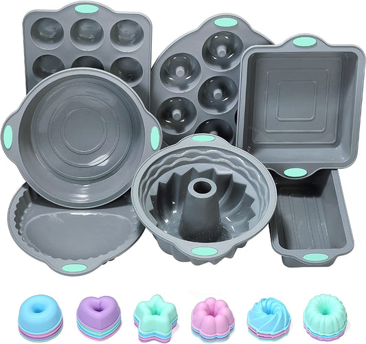 31 Pieces Silicone Baking Pans Set, Nonstick Bakeware Sets, BPA Free Silicone Molds, with Metal Reinforced Frame More Strength, Light Grey